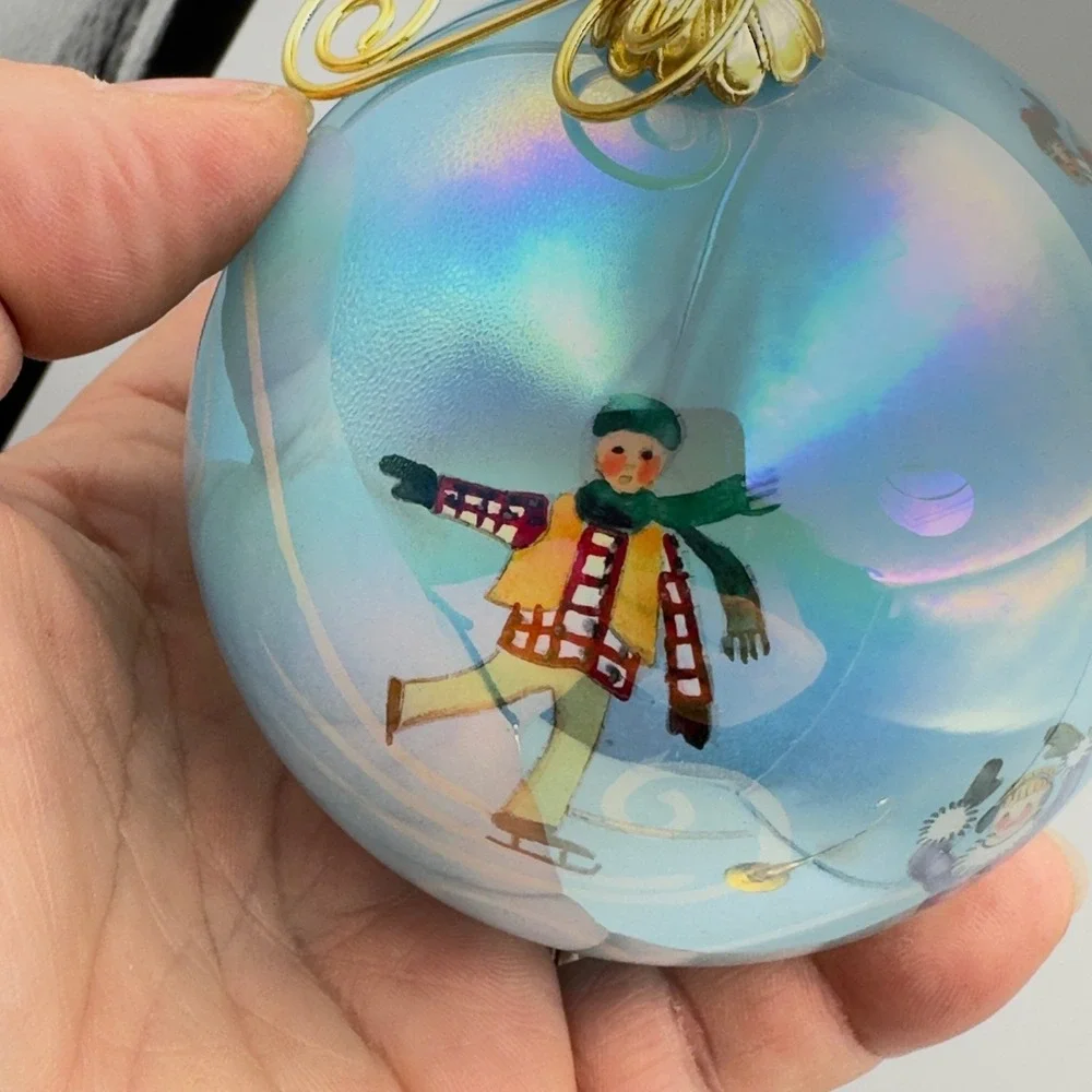 Li Bien 2002 Ice Skaters Inside Painted Glass Ornament Iridescent Blue Velvet Bx